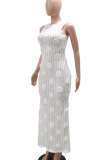 White Elegant Solid Color Backless Flower Shape Long Dresses