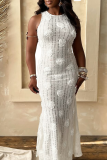White Elegant Solid Color Backless Flower Shape Long Dresses