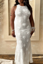 White Elegant Solid Color Backless Flower Shape Long Dresses