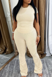 Cream White Casual Solid Color Patchwork O Neck Short Sleeve Two Pieces