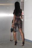 Black Fashion Sexy perspective HOLLOWED OUT Two Piece Suits Floral crop top lace Slim fit Mesh P