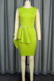 Green Elegant Solid Color Pearls Decor Flounce O Neck Wrapped Skirt Dresses