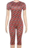Red Sexy Print Backless O Neck Skinny Jumpsuits
