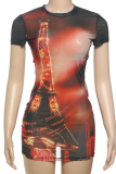 Black Sexy Print Patchwork O Neck Wrapped Skirt Dresses