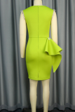 Green Elegant Solid Color Pearls Decor Flounce O Neck Wrapped Skirt Dresses