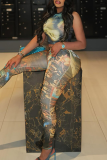 Green Sexy Print Patchwork O Neck Short Sleeve Two Pieces