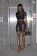 Black Fashion Sexy perspective HOLLOWED OUT Two Piece Suits Floral crop top lace Slim fit Mesh P