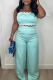 Sky Blue Casual Solid Color Contrast Spaghetti Strap Sleeveless Two Pieces