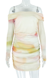 Light Yellow Sexy Print Patchwork Off Shoulder Wrapped Skirt Dresses