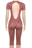 Red Sexy Print Backless O Neck Skinny Jumpsuits