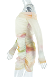 Light Yellow Sexy Print Patchwork Off Shoulder Wrapped Skirt Dresses