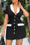 Black White Sexy Buckle Contrast Turndown Collar Wrapped Skirt Dresses