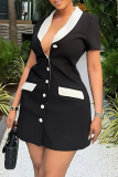 Black White Sexy Buckle Contrast Turndown Collar Wrapped Skirt Dresses