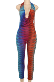 Rose Red Sexy Stripe Halter Skinny Jumpsuits