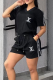 Black Casual Letters Embroidered Pocket V Neck Short Sleeve Two Pieces