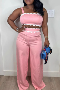 Pink Casual Solid Color Contrast Spaghetti Strap Sleeveless Two Pieces