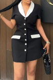Black White Sexy Buckle Contrast Turndown Collar Wrapped Skirt Dresses