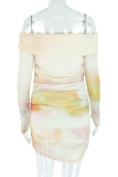 Light Yellow Sexy Print Patchwork Off Shoulder Wrapped Skirt Dresses