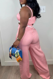 Pink Casual Solid Color Contrast Spaghetti Strap Sleeveless Two Pieces