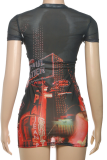Black Sexy Print Patchwork O Neck Wrapped Skirt Dresses