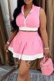 Pink Sexy Solid Color Zipper Contrast Zipper Collar Sleeveless Two Pieces