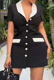 Black White Sexy Buckle Contrast Turndown Collar Wrapped Skirt Dresses