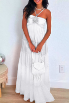 White Sexy Solid Color Backless Flower Shape Halter Long Dresses