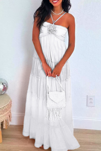 White Sexy Solid Color Backless Flower Shape Halter Long Dresses
