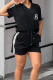 Black Casual Letters Embroidered Pocket V Neck Short Sleeve Two Pieces