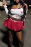 Red Sexy Letters Hollow Out Asymmetrical Collar Long Sleeve Two Pieces
