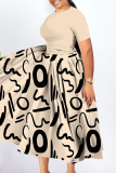 Khaki Casual Print Ruched O Neck Long Plus Size Dresses