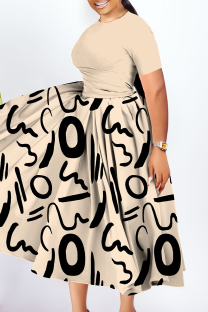 Khaki Casual Print Ruched O Neck Long Plus Size Dresses