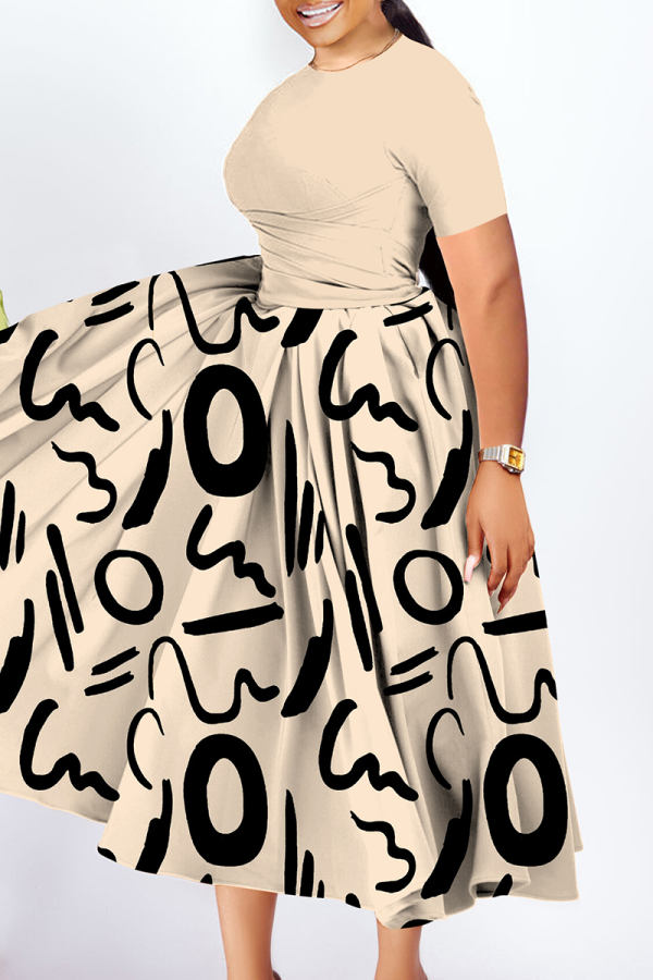 Khaki Casual Print Ruched O Neck Long Plus Size Dresses