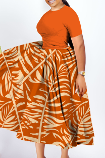 Tangerine Red Casual Print Ruched O Neck Long Plus Size Dresses
