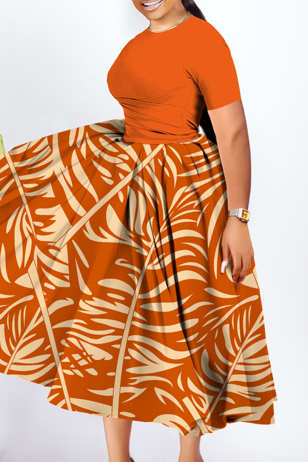 Tangerine Red Casual Print Ruched O Neck Long Plus Size Dresses
