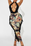 Black Casual Print Fringed Trim Regular Mid Waist Straight Full Print Bottoms
