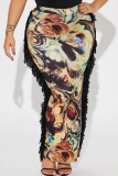 Black Casual Print Fringed Trim Regular Mid Waist Straight Full Print Bottoms
