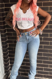 White Sexy Letters Patchwork Asymmetrical Collar T-Shirts