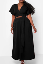 Black Casual Solid Color Pocket Strap Design V Neck Plus Size Two Pieces