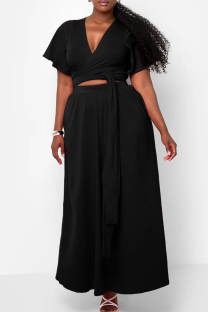 Black Casual Solid Color Pocket Strap Design V Neck Plus Size Two Pieces