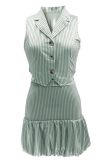 Yellow Sexy Stripe Buckle Turndown Collar Sleeveless Two Pieces