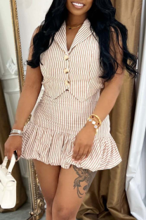 Yellow Sexy Stripe Buckle Turndown Collar Sleeveless Two Pieces