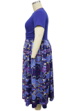 Khaki Casual Print Ruched O Neck Long Plus Size Dresses