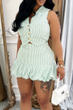 Yellow Sexy Stripe Buckle Turndown Collar Sleeveless Two Pieces