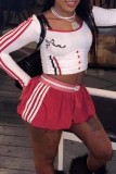Red Sexy Letters Hollow Out Asymmetrical Collar Long Sleeve Two Pieces