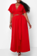 Red Casual Solid Color Pocket Strap Design V Neck Plus Size Two Pieces