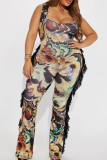 Black Sexy Print Fringed Trim Spaghetti Strap Skinny Jumpsuits