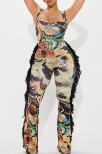 Black Sexy Print Fringed Trim Spaghetti Strap Skinny Jumpsuits