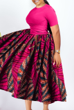 Khaki Casual Print Ruched O Neck Long Plus Size Dresses