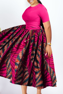 Rose Red Casual Print Ruched O Neck Long Plus Size Dresses
